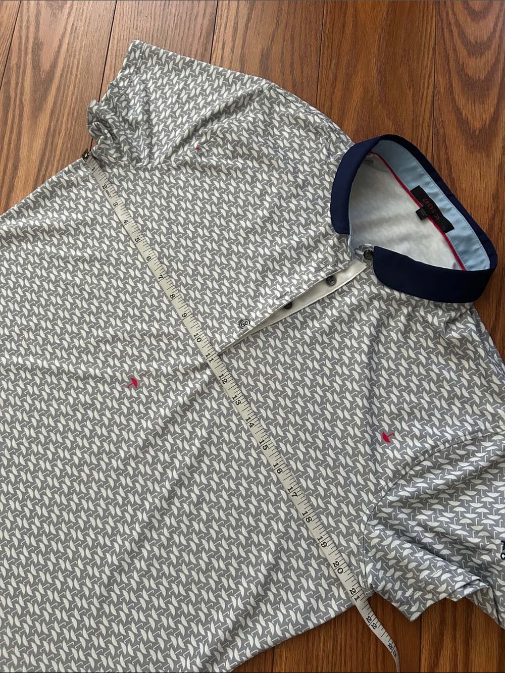 Greyson Grey Patterned Umbrella Polo shirt with Navy Contrast Collar, Golf, XL - Picture 11 of 13